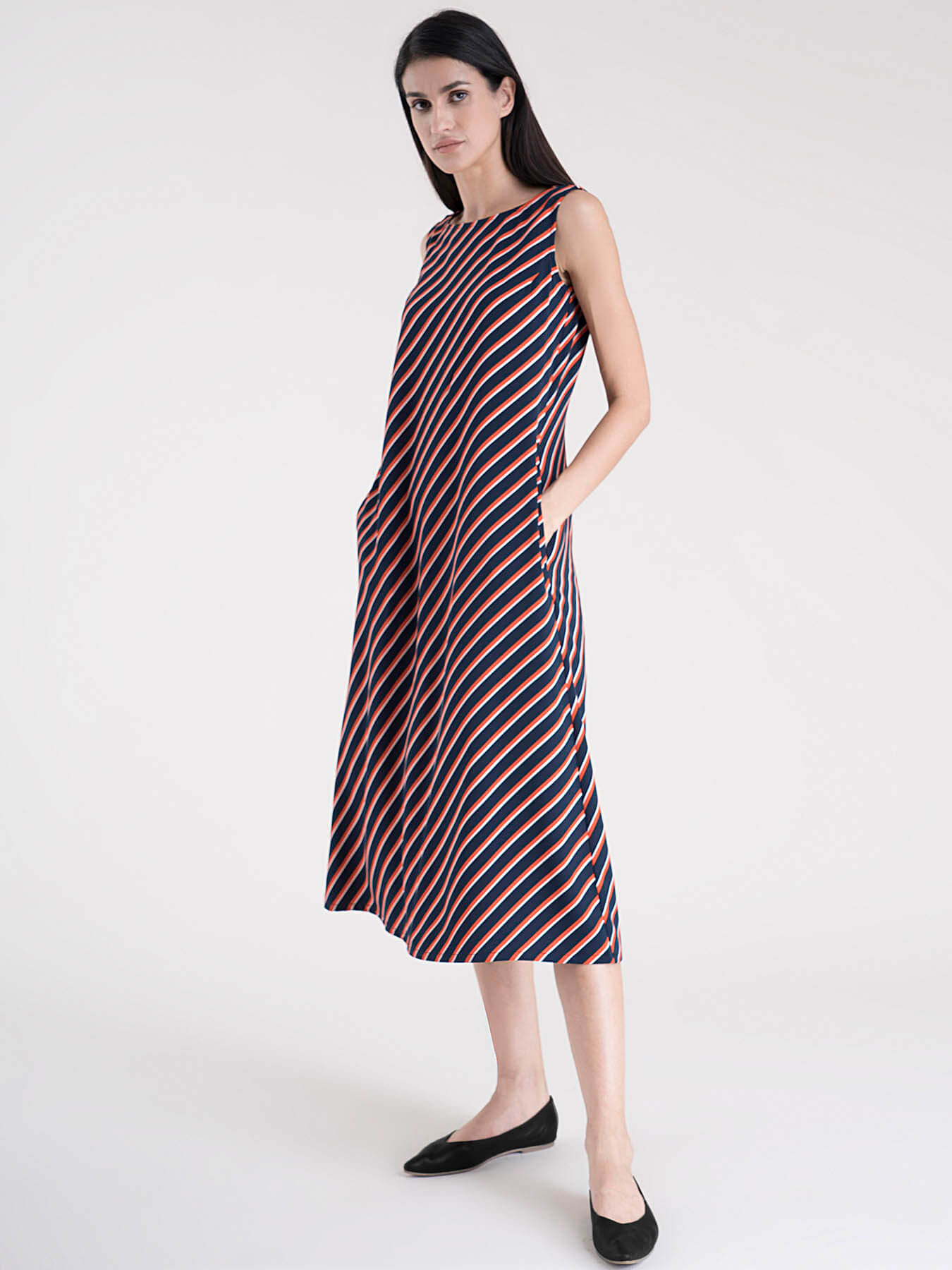 Coral Boat Neck A-Line Stripe Dress ...